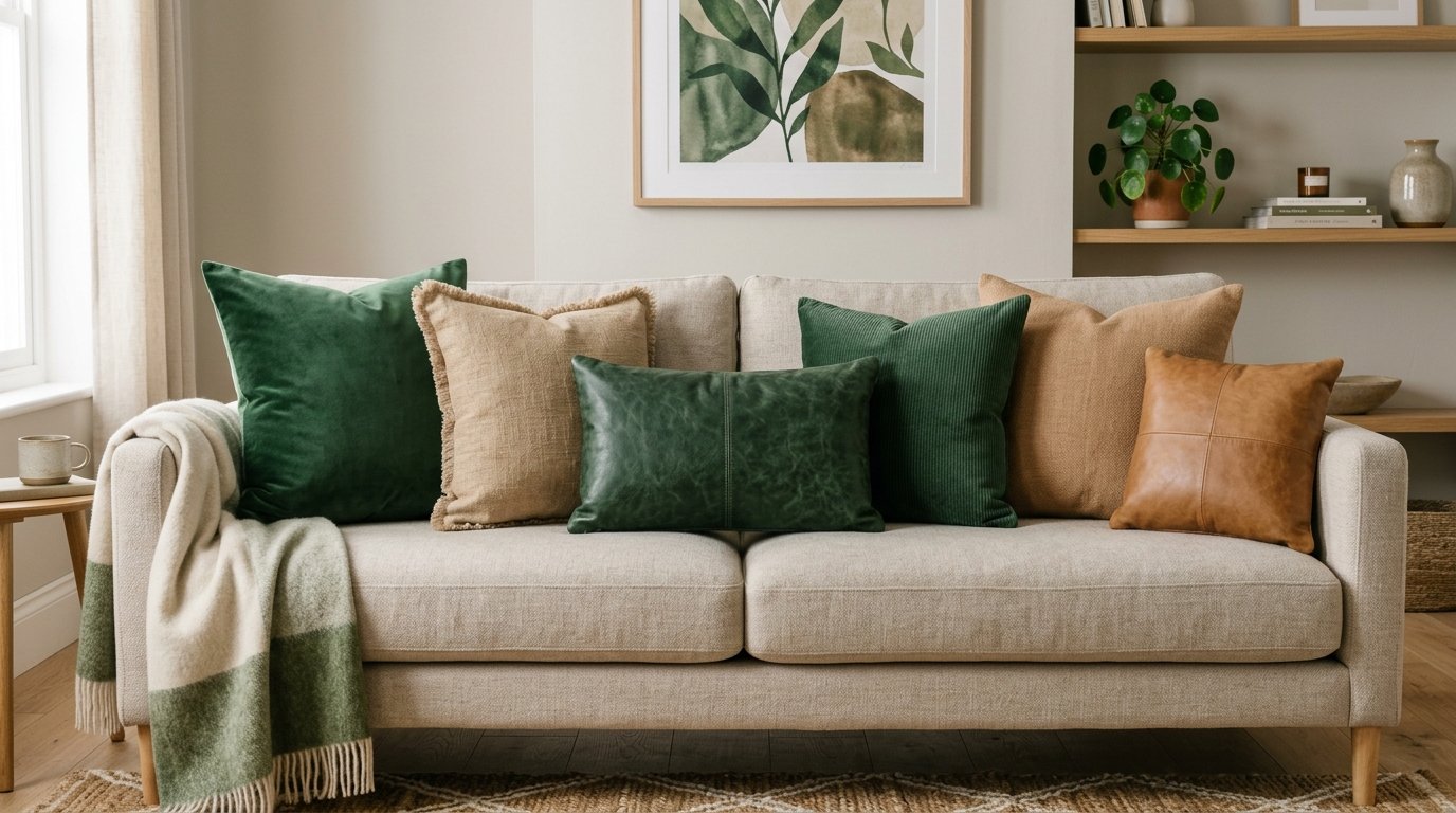 Modern living room sofa featuring mix of velvet corduroy and leather throw pillows in neutral and forest green tones.