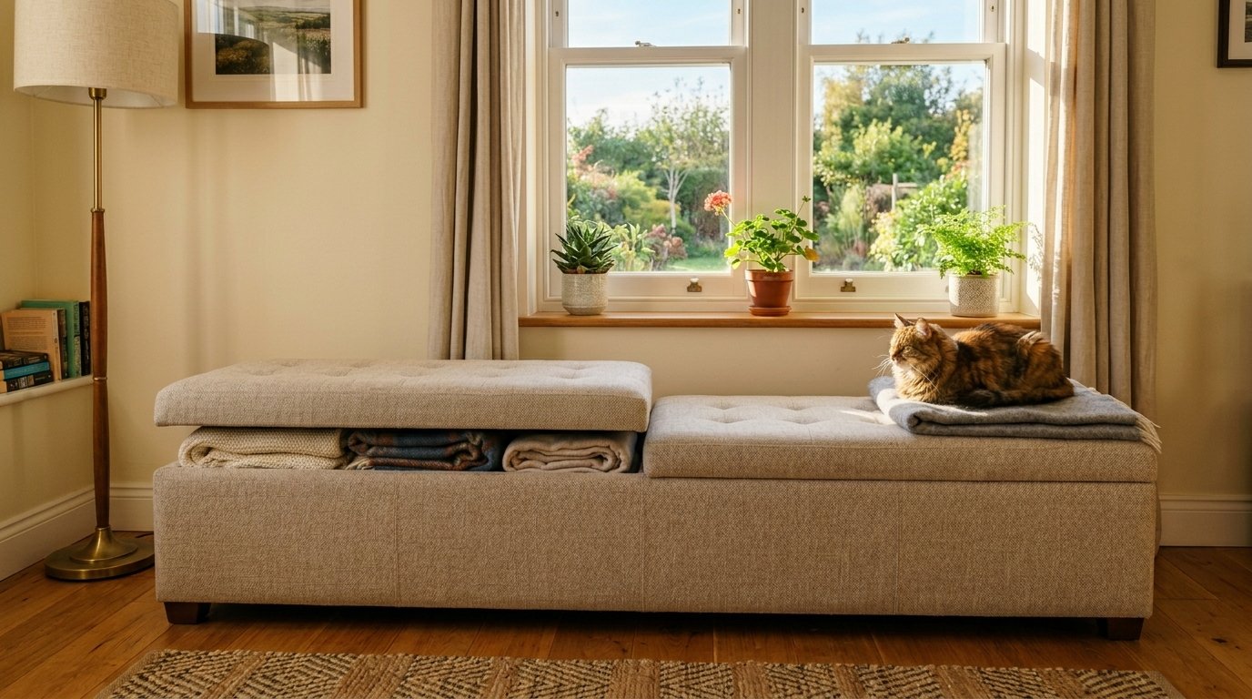 Fluffy cat sitting on a button-tufted storage bench with open lid showing folded blankets.