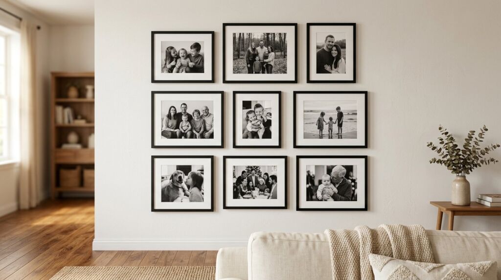 A sophisticated black and white gallery wall featuring framed prints in a modern living room setting.
