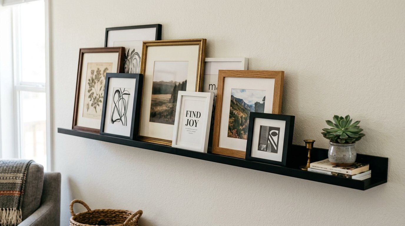 Layered picture frames with prints and a small potted succulent on a black shelf mounted to a white wall.