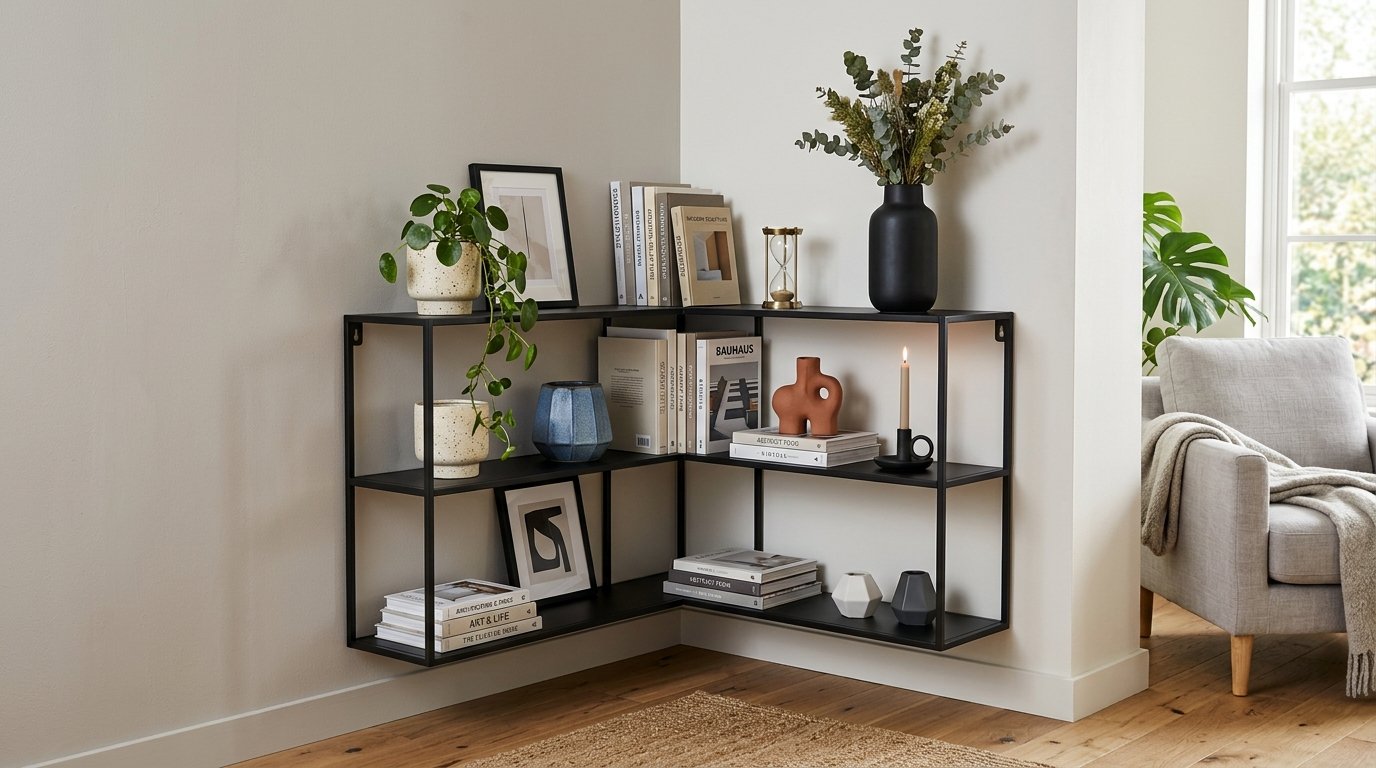 L-shaped black wall shelf styled with books, decorative vases, and a hanging plant in a living room corner.
