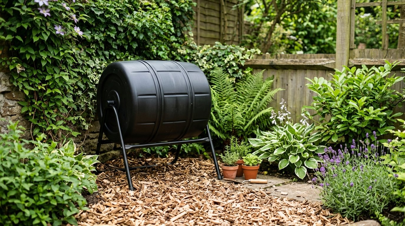 Rotating compost barrel on a metal stand surrounded by ferns, herbs, and lavender in a garden.