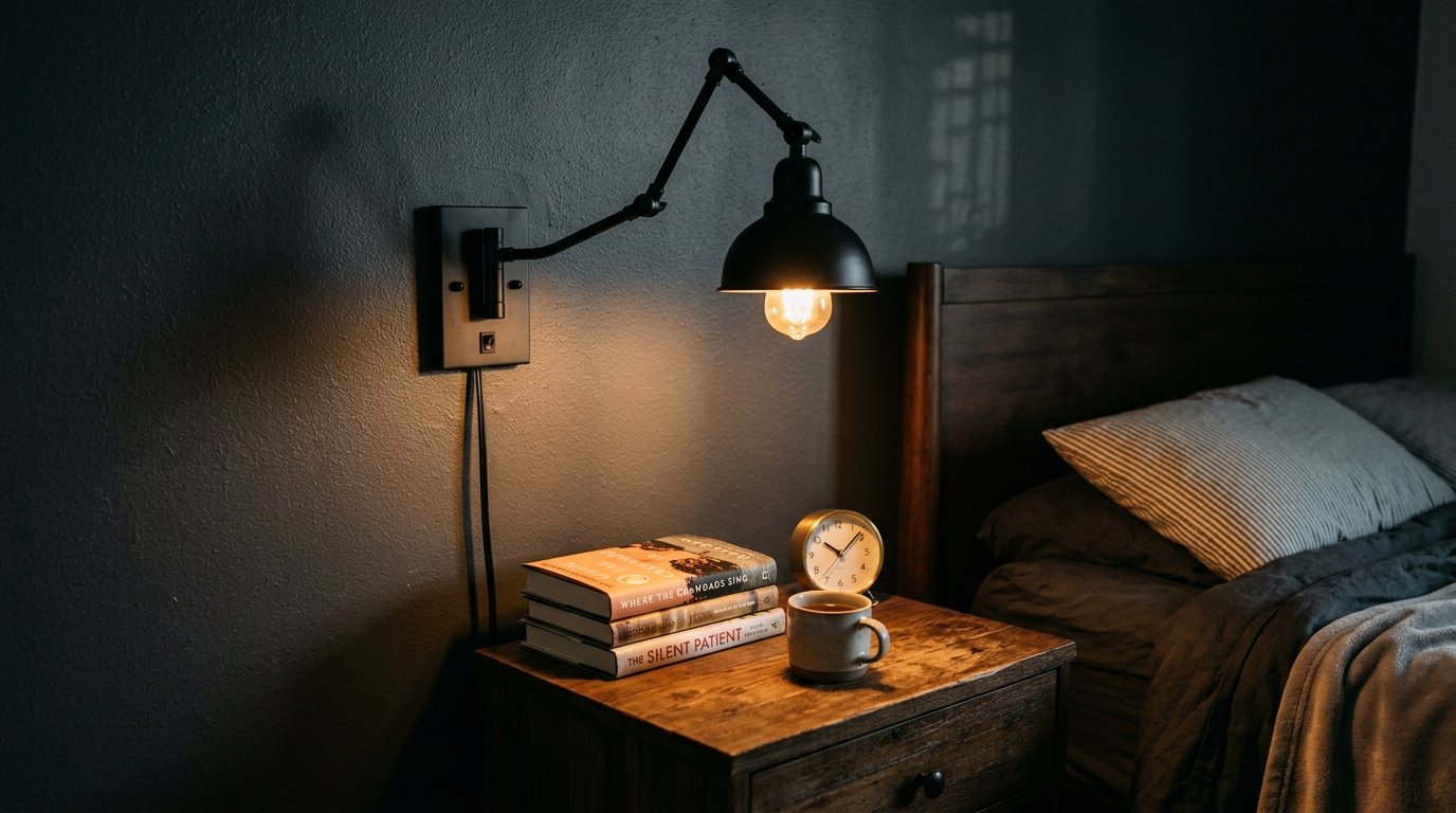 A rustic wooden nightstand with books, a clock, and a coffee mug sits beneath a black adjustable wall sconce.