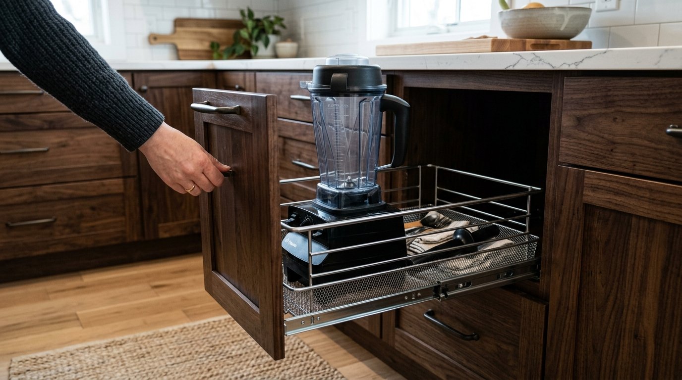 Person opening a dark wood kitchen cabinet drawer containing a blender on a sliding wire rack.
