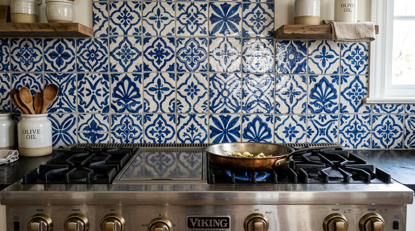 A close up of a professional gas range with a frying pan and patterned blue and white kitchen tiles.