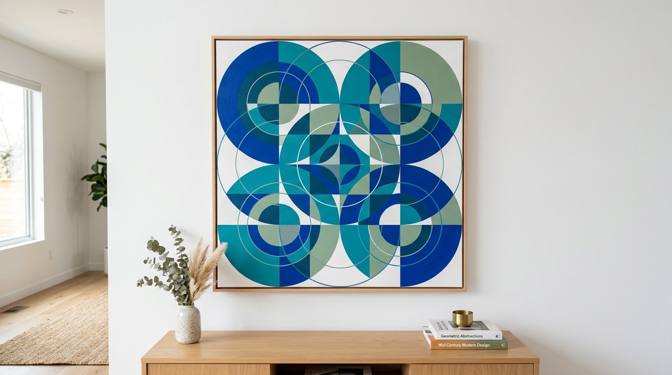 Square painting with intersecting blue and sage green circles mounted on a white wall above a wood sideboard.