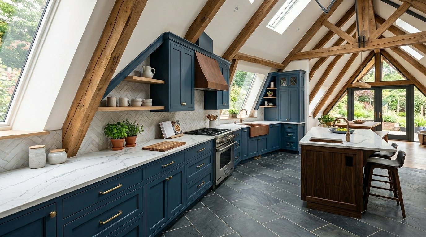 Modern blue kitchen featuring a vaulted ceiling, herringbone tile backsplash, and a dark wood center island.