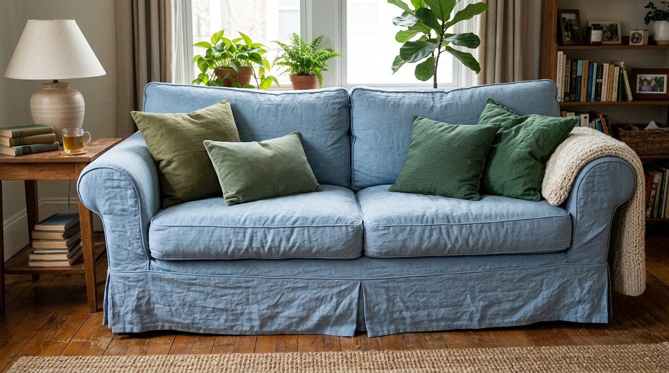 A light blue slipcovered sofa in a living room with green cushions, indoor plants, and a cream knit throw blanket.