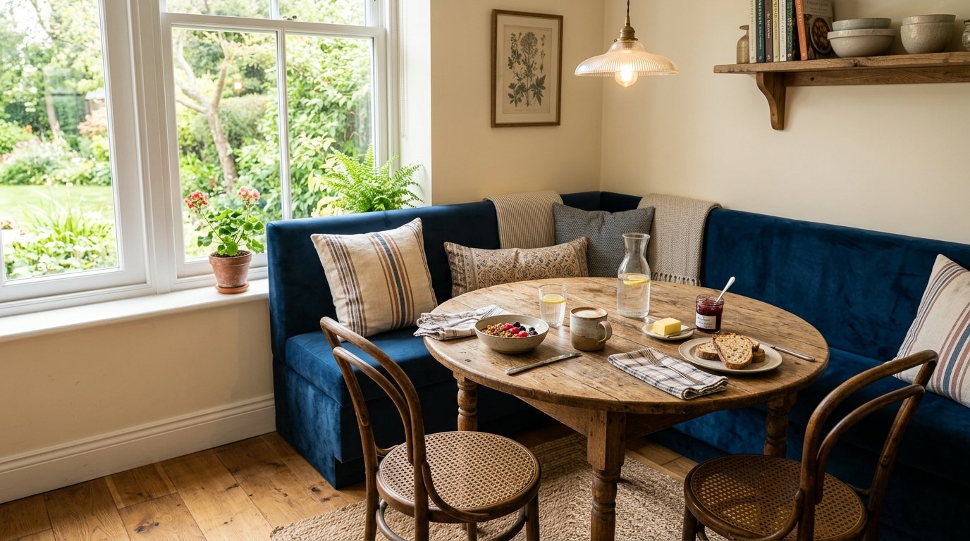 Round wooden table served with breakfast, situated in a corner with blue velvet upholstered seating and cane chairs.