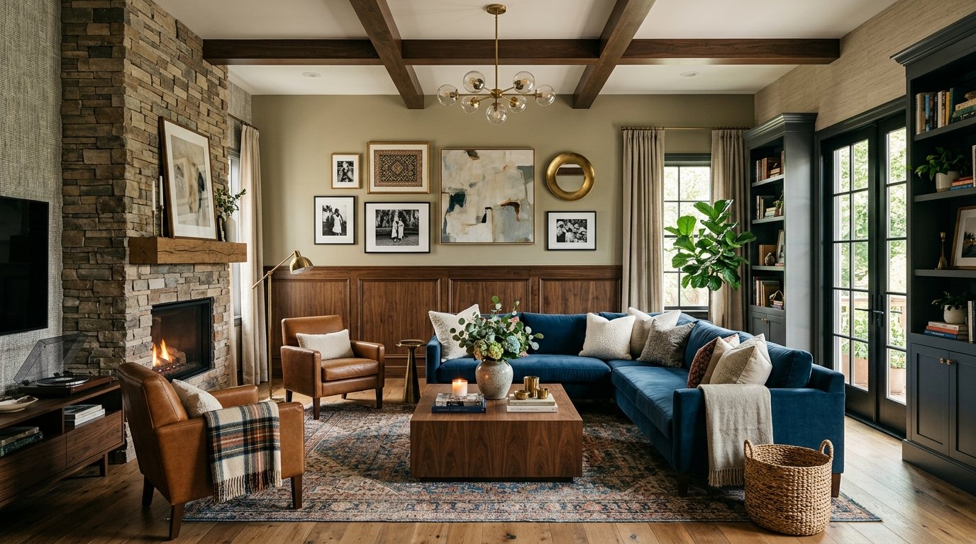 Modern living room with a blue sectional, leather armchairs, stone fireplace, and wainscoting wood paneling.