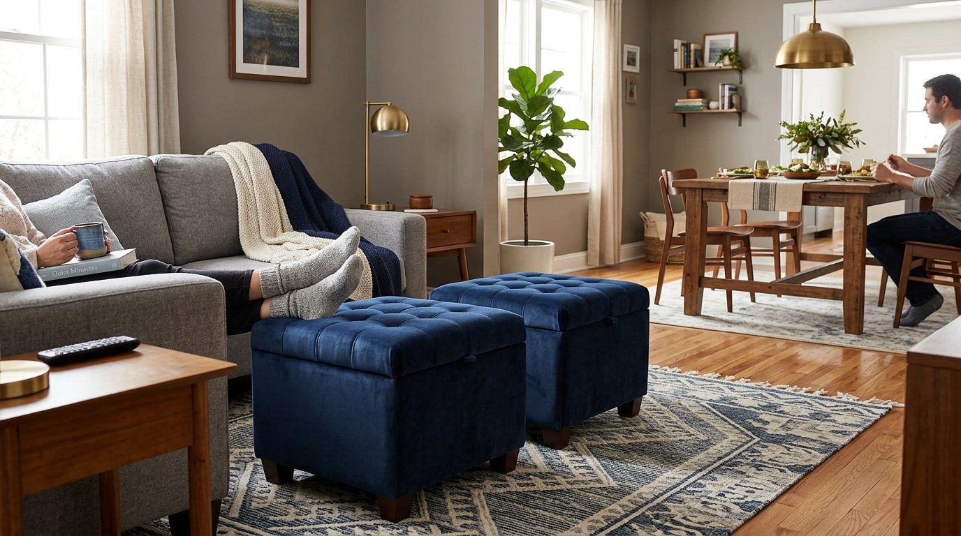 A pair of square blue velvet ottomans with button tufting sit on a patterned rug in front of a grey sofa.