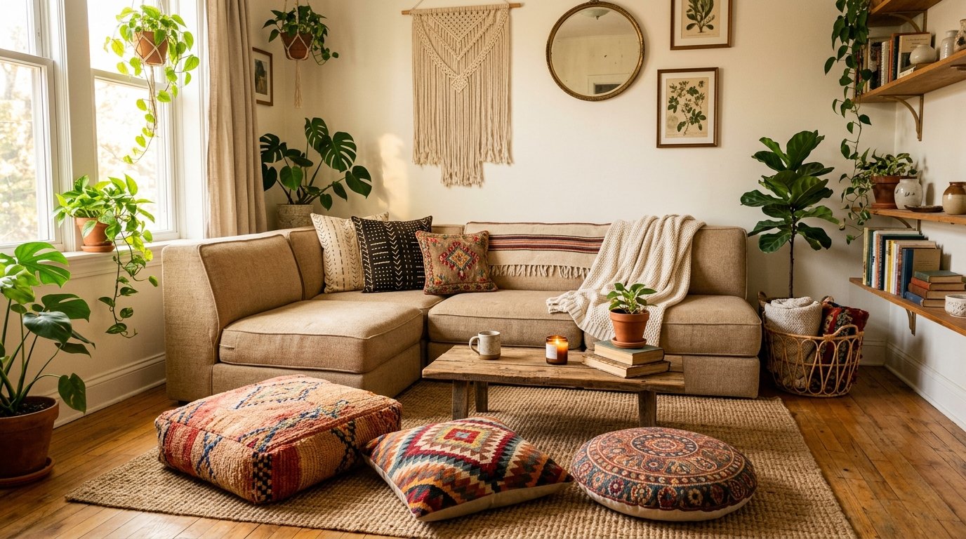 L-shaped beige couch with patterned pillows, floor cushions, and lush houseplants in a sunlit interior.