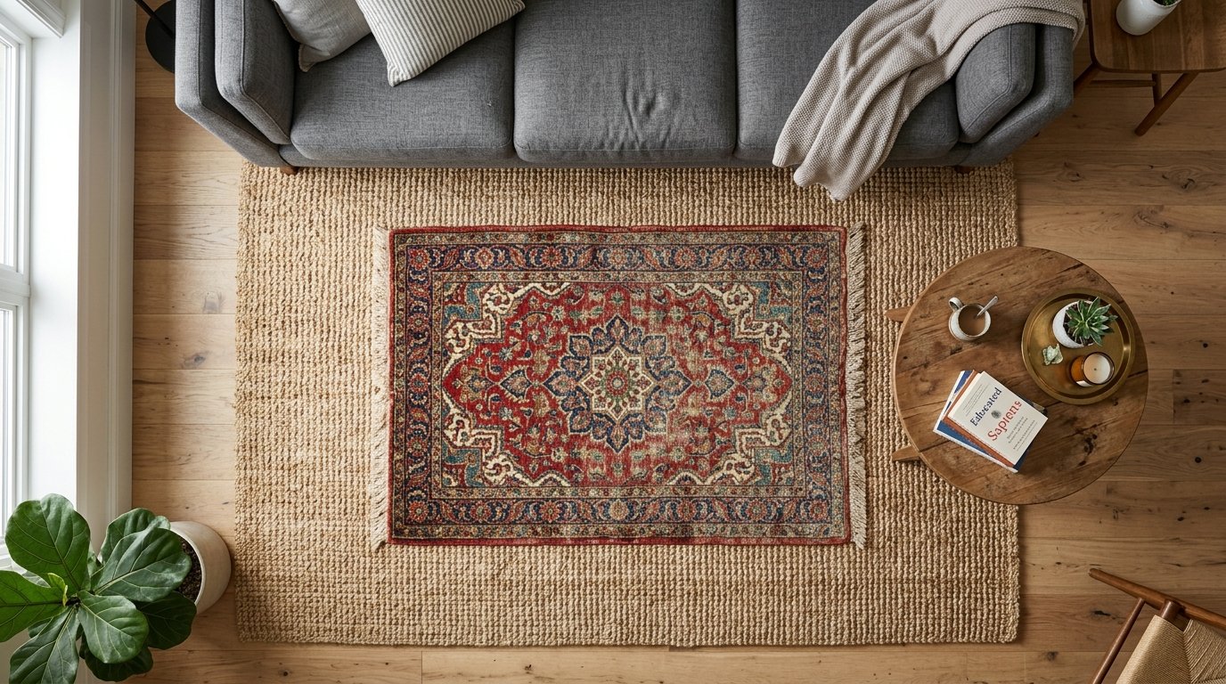Top view of a red and blue patterned area rug placed on top of a large beige natural fiber mat.