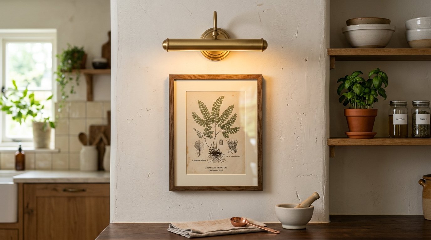 Vintage botanical print of a fern displayed on a kitchen wall under a modern brass picture light fixture.