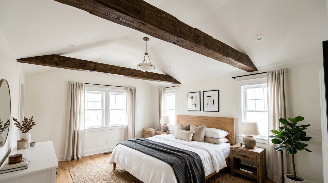 Modern farmhouse bedroom with a vaulted ceiling, dark timber beams, a wood bed frame, and soft neutral textiles.