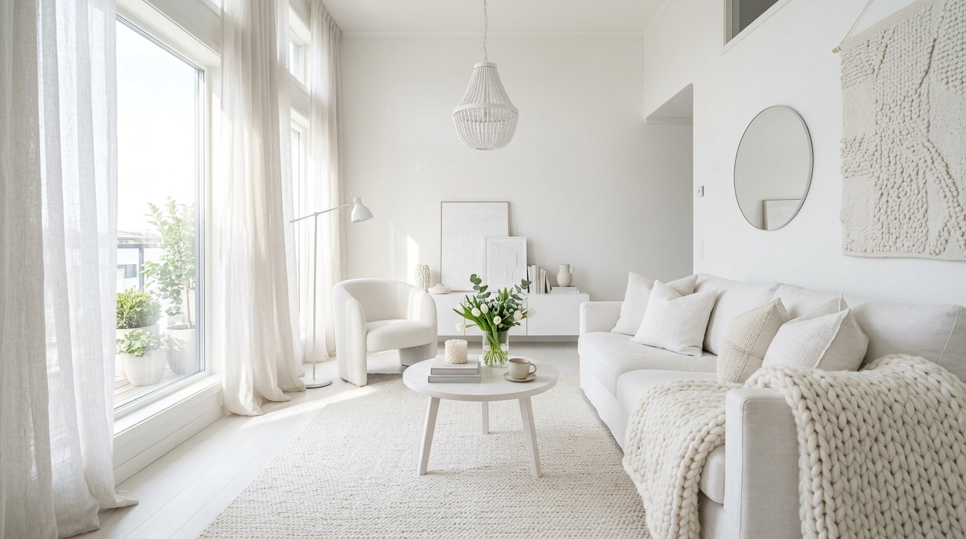 Bright, modern living room featuring a white sofa, round coffee table, curved armchair, and sheer curtains.