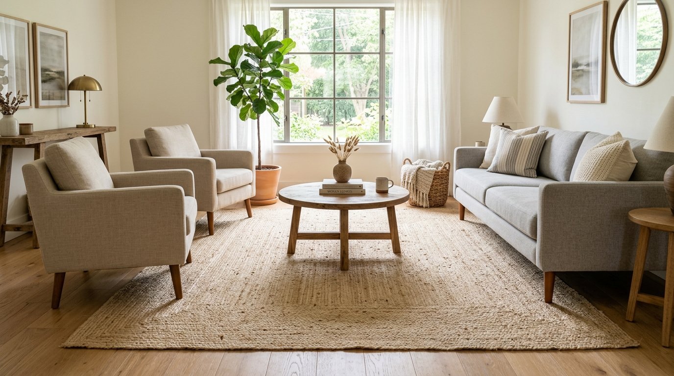 Modern living room with a beige sofa, two armchairs, and a round wooden coffee table on a large textured jute rug.