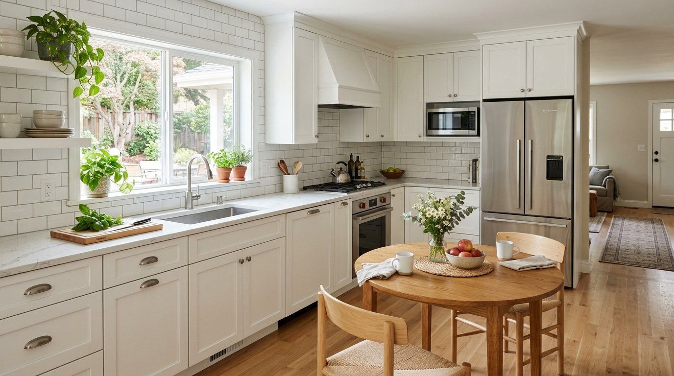 White kitchen with marble counters, subway tile backsplash, stainless steel appliances, and a round wooden dining table.