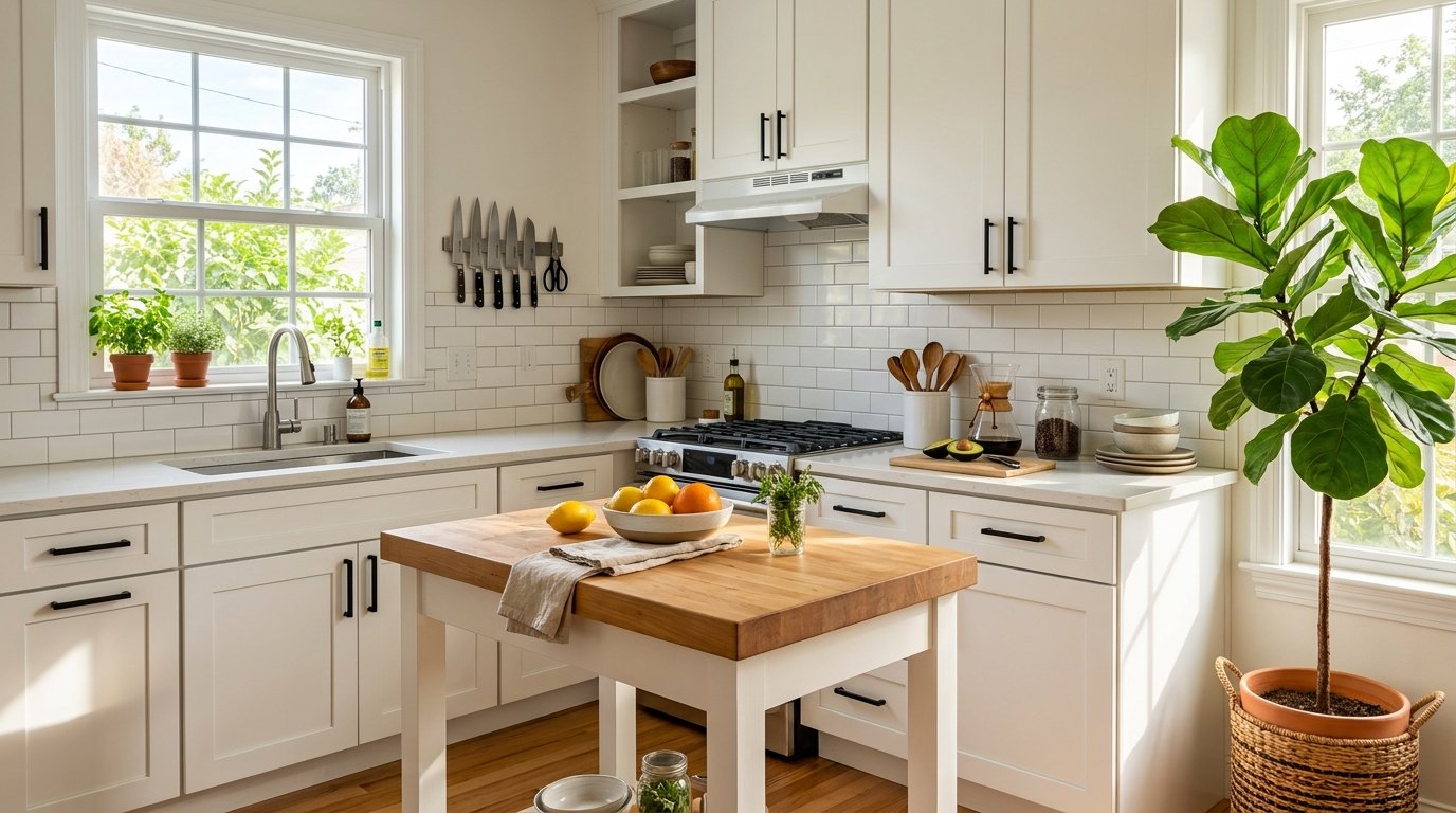 Modern white kitchen with butcher block island, subway tile backsplash, and a tall potted fiddle leaf fig tree.