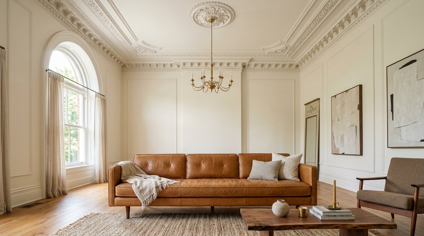 Tan leather sofa sitting on a jute rug in a bright, ornate room with crown molding.
