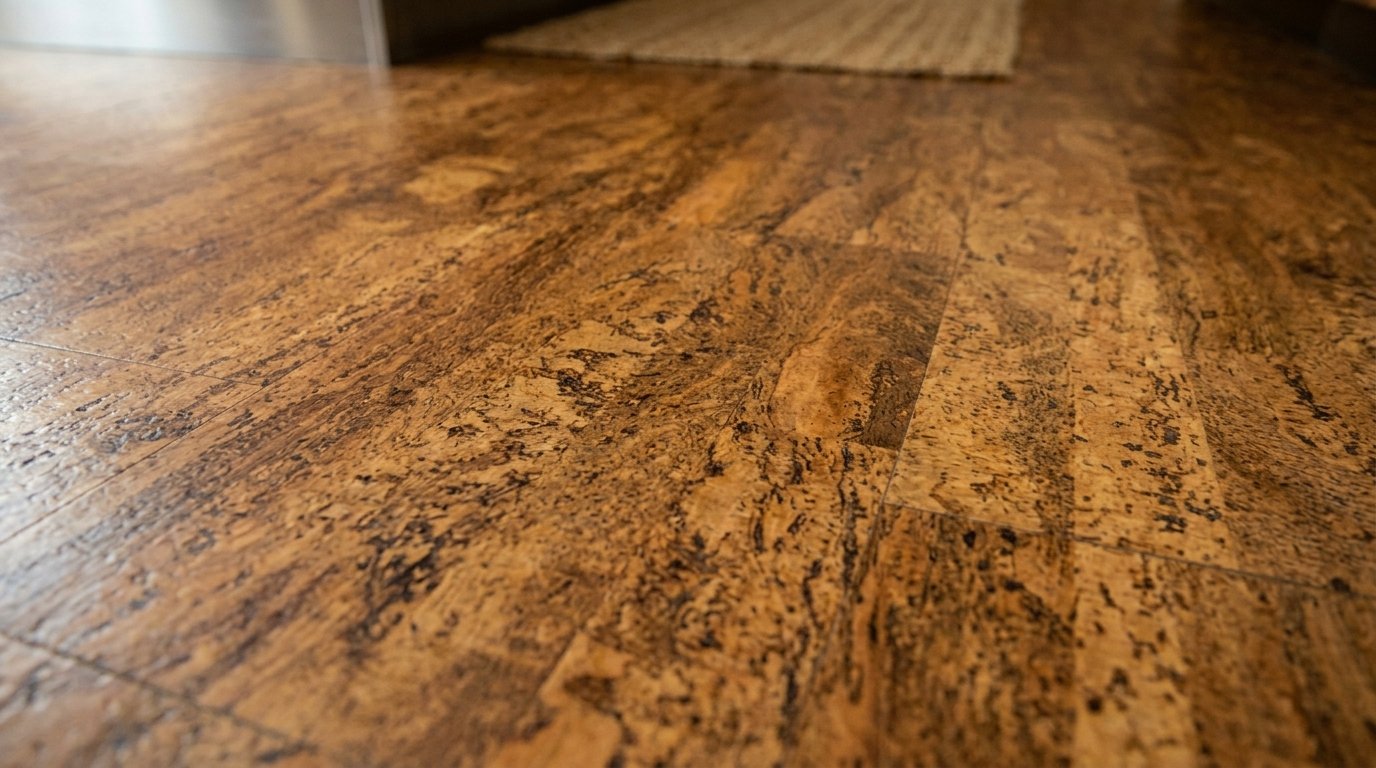 Detailed texture of variegated cork planks showing organic brown and tan patterns on an indoor floor.