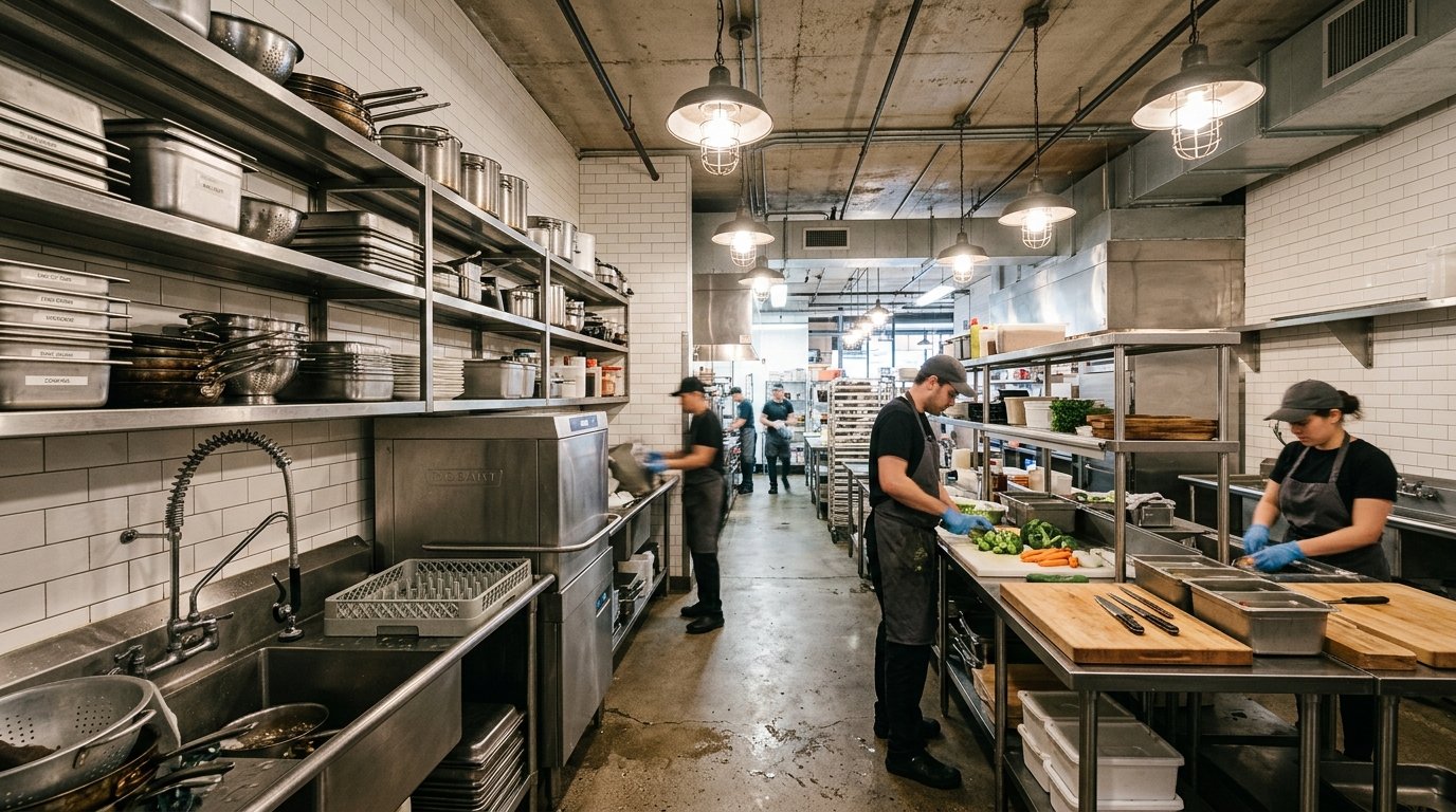 Culinary workers in a restaurant kitchen prepping vegetables on stainless steel prep tables.