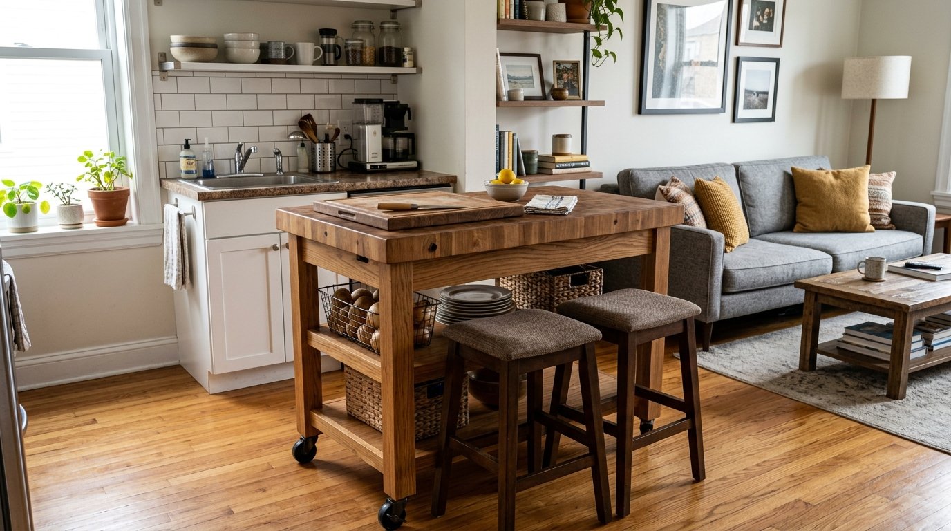 A rustic wood kitchen island on wheels with two bar stools, positioned between a small kitchen and a living room.