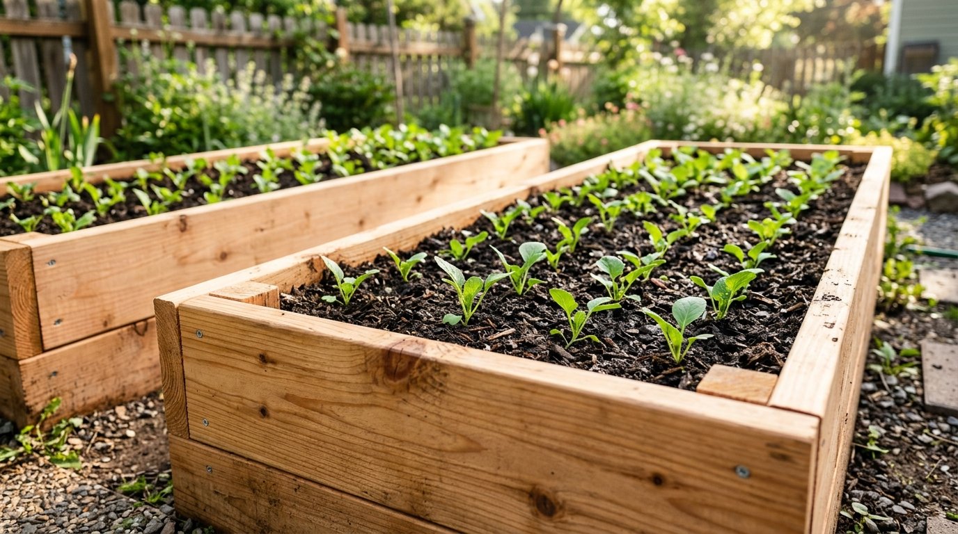 Two rectangular cedar planters filled with soil and growing vegetable seedlings in a sunny backyard.