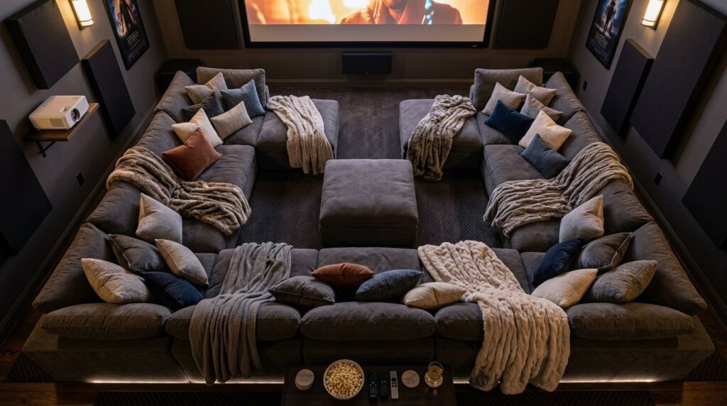 A plush charcoal grey sectional sofa positioned in a contemporary family living room design.