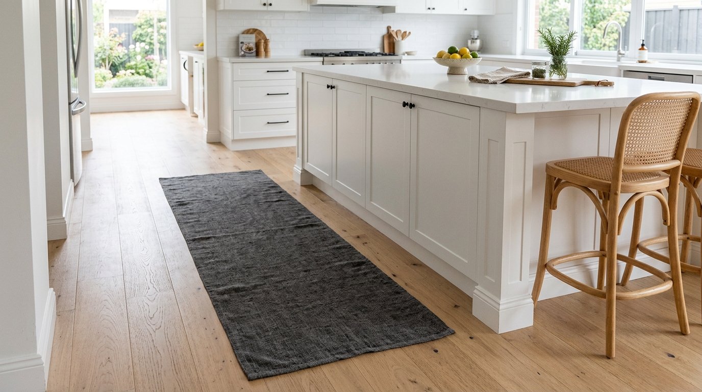 Dark grey rectangular rug positioned on light wood floors in a bright white modern kitchen.