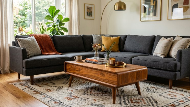 Modern charcoal corner sofa styled with colorful cushions and a wooden coffee table in a bright room.
