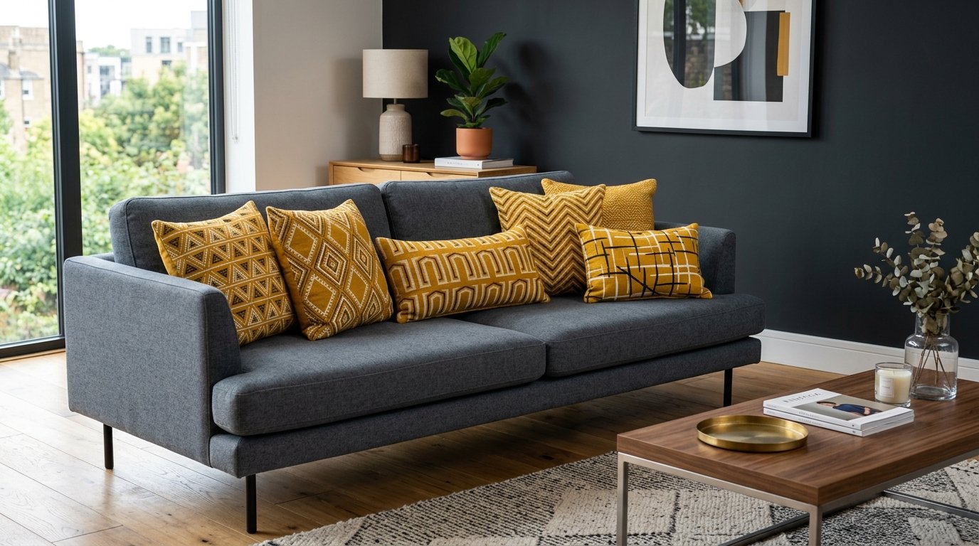 A modern grey sofa sits against a dark accent wall featuring decorative gold and white geometric cushions.
