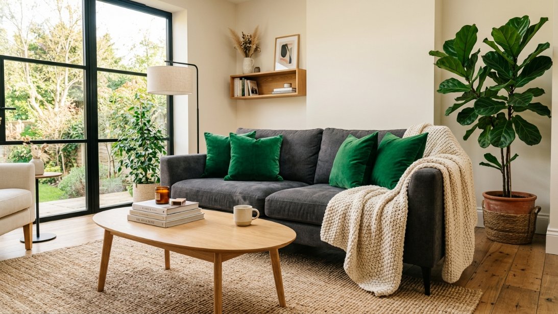 A dark grey couch with emerald pillows and a chunky knit blanket sits in a sunlit living room with a houseplant.