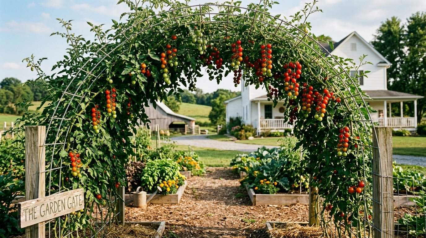 Clusters of ripe cherry tomatoes hanging from a metal garden trellis archway over a dirt path.