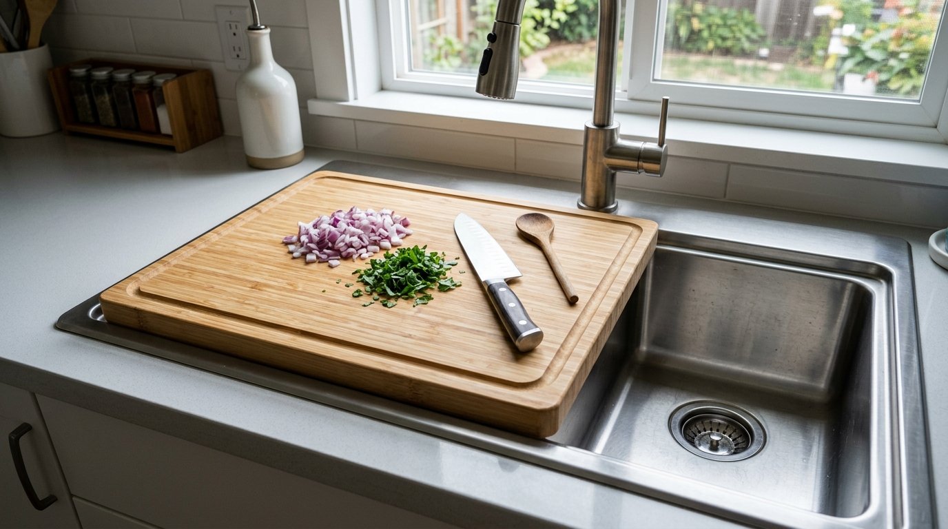 A wooden cutting board over a stainless steel kitchen sink holding diced red onions, chopped herbs, and a santoku knife.