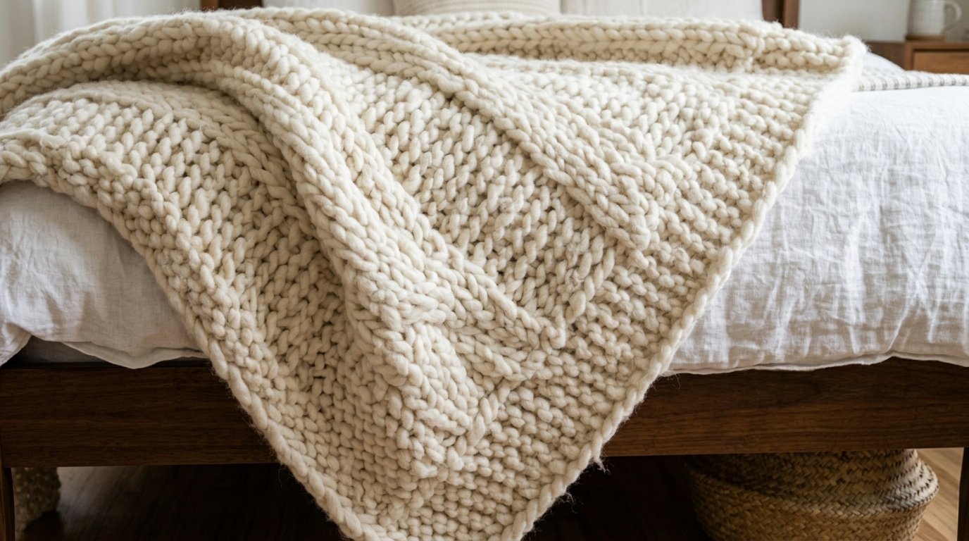 Close up of a heavy off-white yarn throw blanket with a large cable knit pattern lying on a white linen bedspread.