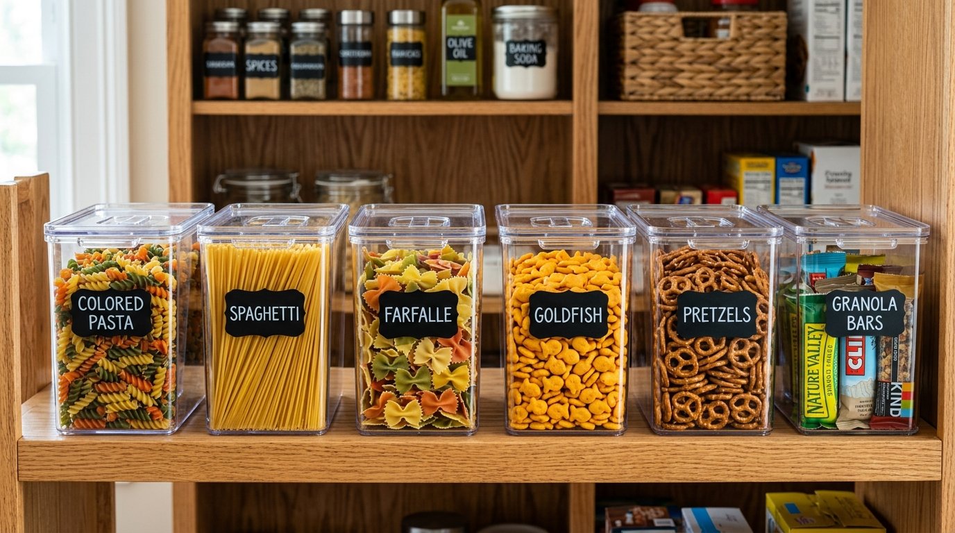 Row of six transparent containers holding labeled snacks and pasta on a wooden pantry shelf.