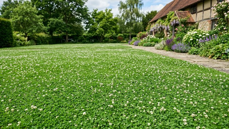 Close-up of a green lawn filled with small white clover flowers next to a stone path and flowering garden beds.