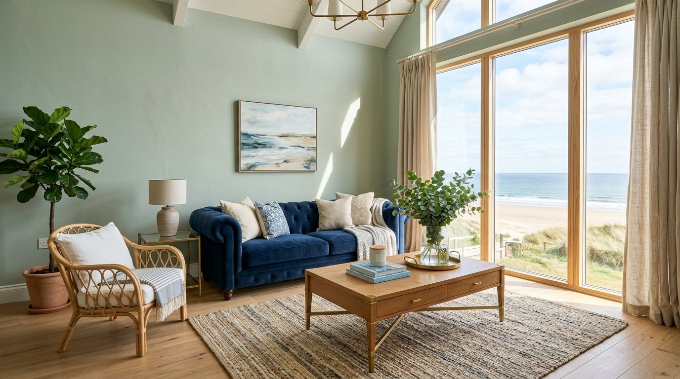 Bright living room with sage walls, a blue tufted couch, and large windows looking out at a sandy ocean beach.