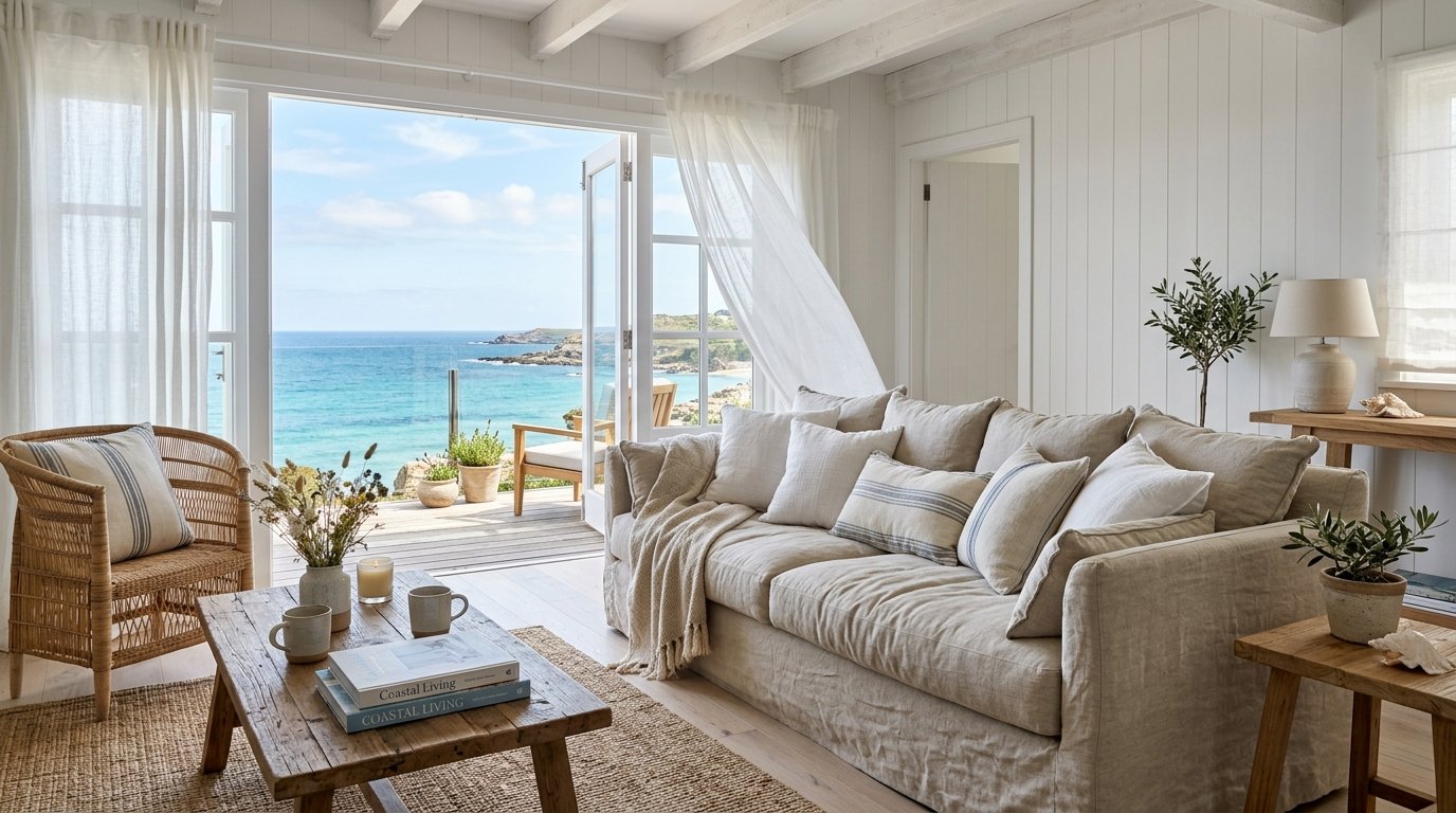 Bright, airy coastal living room with a beige linen sofa, wicker chair, and open French doors overlooking a turquoise sea.