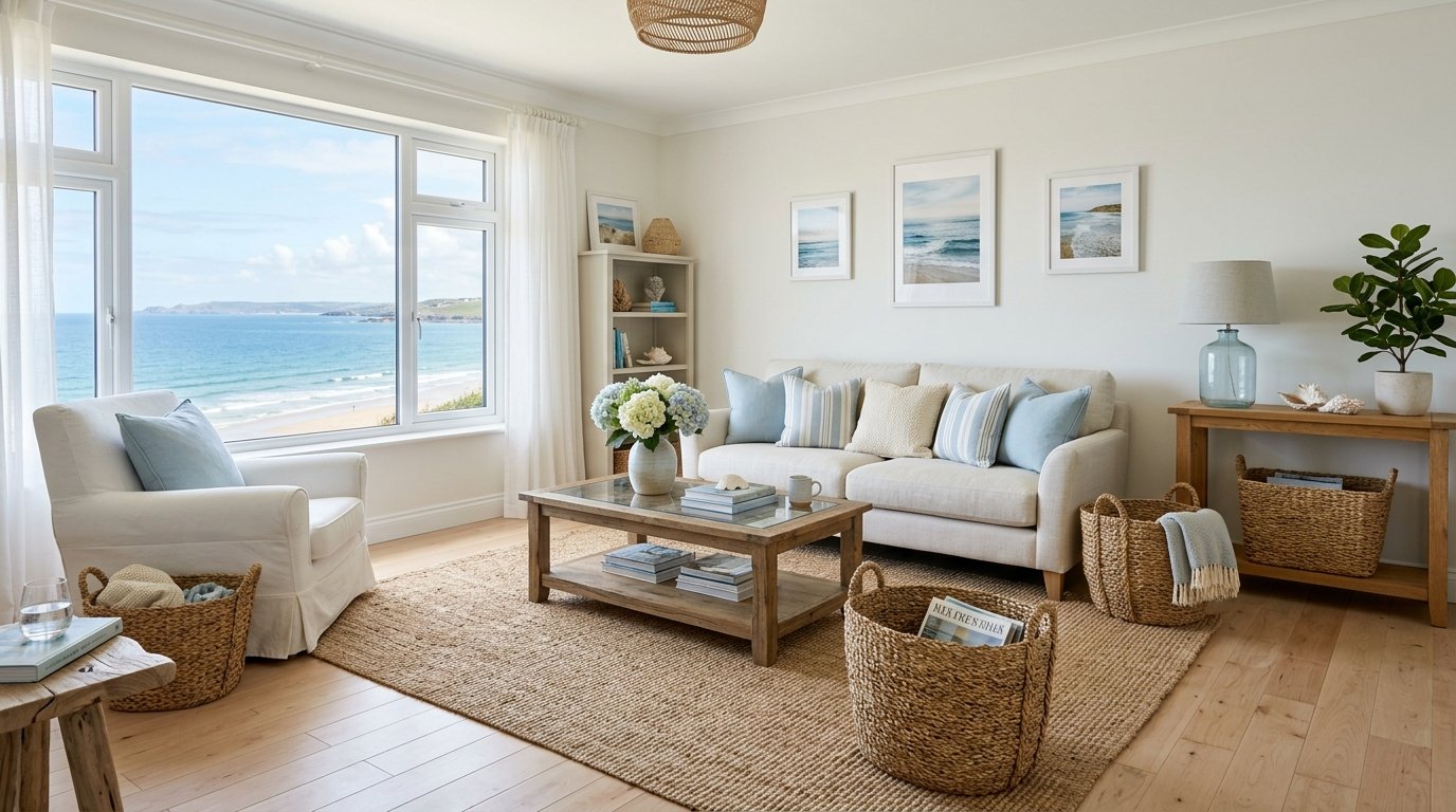 Bright living room with beach decor, wicker baskets, and a large window overlooking the blue sea.