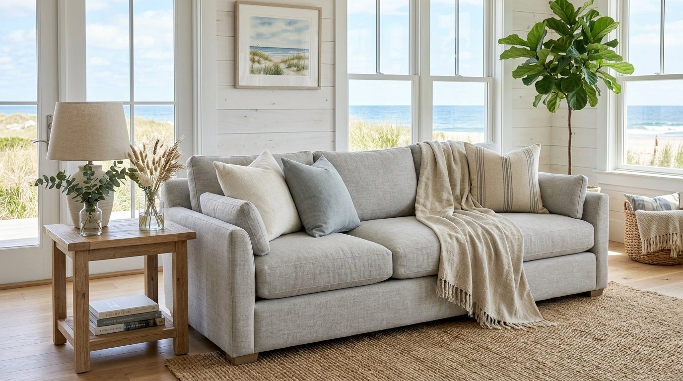 A beige linen couch with decorative throw pillows sits before bright windows overlooking an ocean beach view.