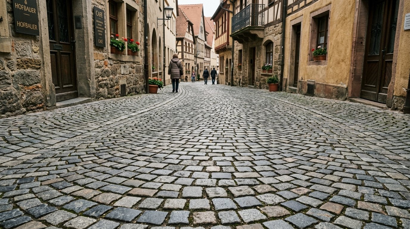People walking along a narrow cobblestone street lined with traditional historic buildings.