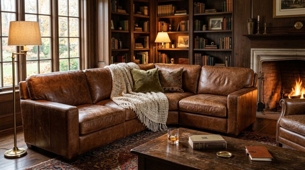 A luxurious cognac leather sectional sofa centered in a modern family living room.
