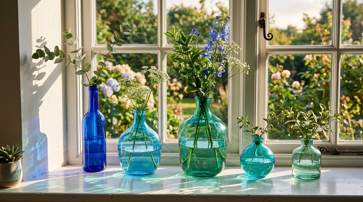 Five glass vessels in varying shades of blue and green containing flowers and eucalyptus sprigs sitting on a window sill.
