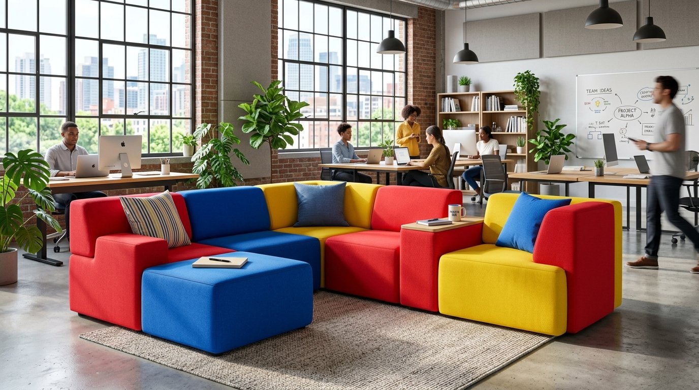 A multi-colored red, blue, and yellow sectional couch situated in a contemporary workplace with employees working at desks.