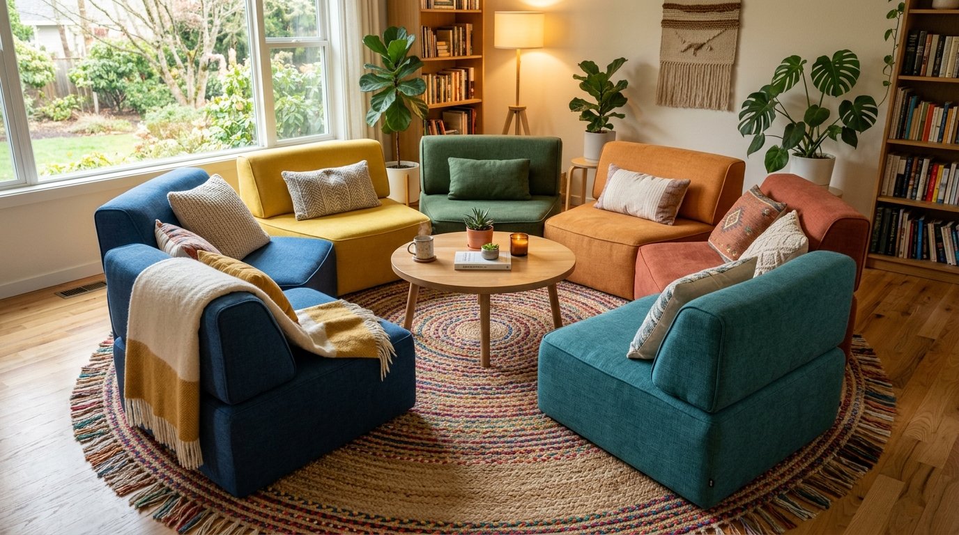 A round woven rug featuring vibrant armchairs in blue, yellow, green, orange, and teal surrounding a wooden coffee table.
