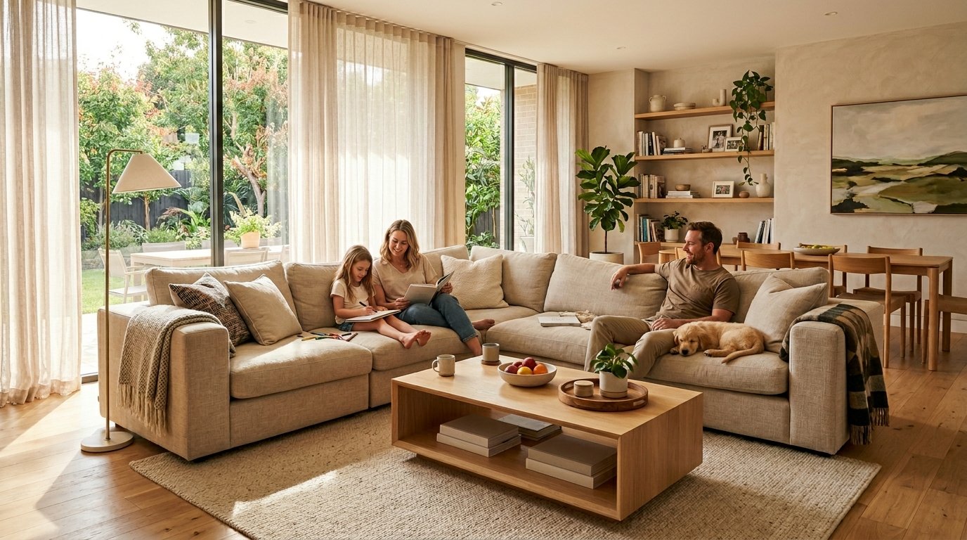 A large, comfortable sectional sofa placed in a modern family living room setting.