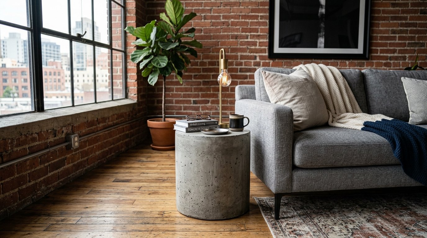Cylindrical grey concrete end table holding books, a lamp, and a coffee mug beside a modern fabric sofa.