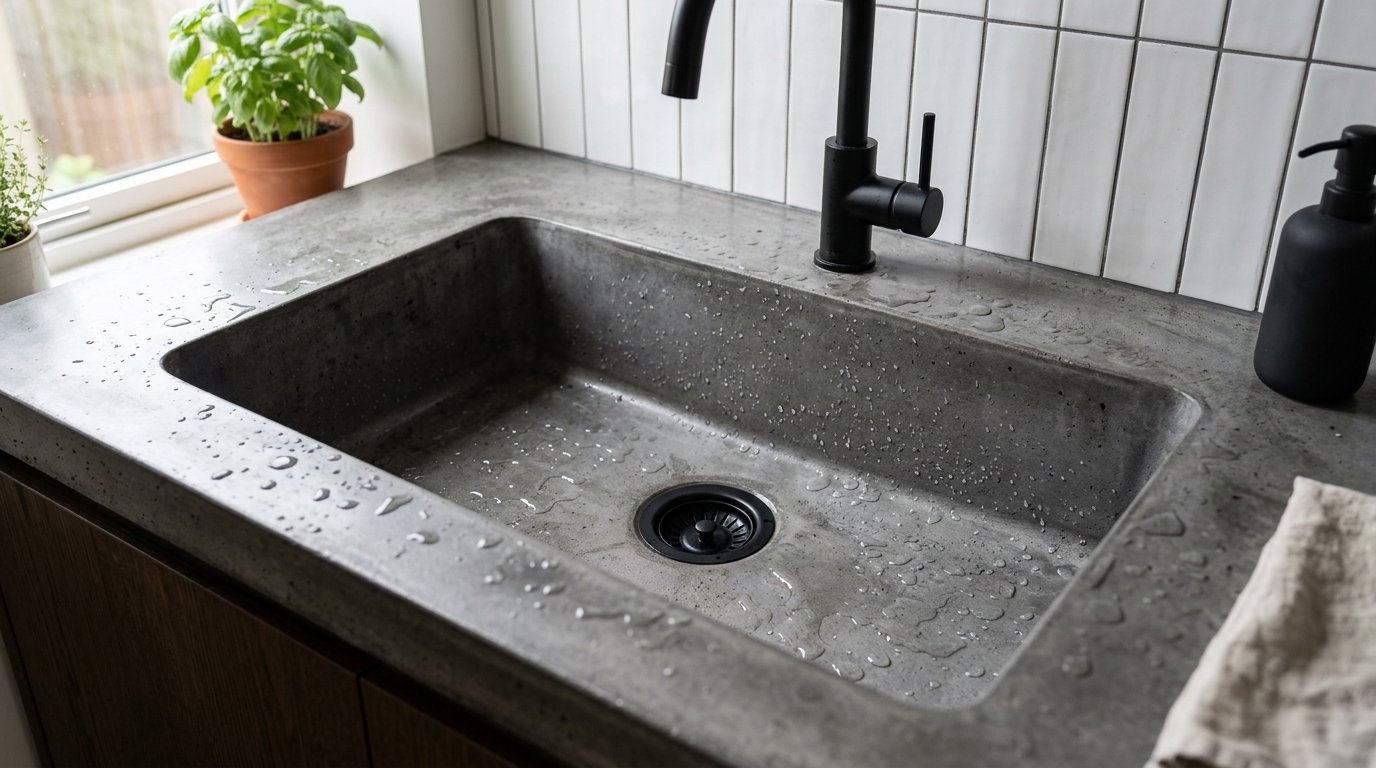 Water droplets inside a grey concrete sink featuring a dark fixture and white tiled backsplash.
